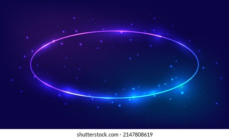 Neon oval frame with shining effects and sparkles on dark background. Empty glowing techno backdrop. Vector illustration