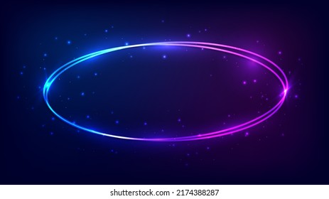 Neon oval frame with shining effects and sparkles on dark background. Empty glowing techno backdrop. Vector illustration