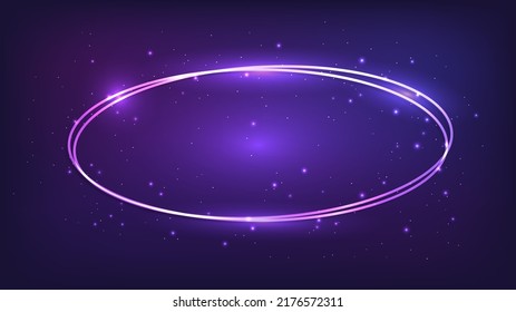 Neon oval frame with shining effects and sparkles on dark background. Empty glowing techno backdrop. Vector illustration