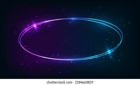 Neon oval frame with shining effects and sparkles on dark background. Empty glowing techno backdrop. Vector illustration