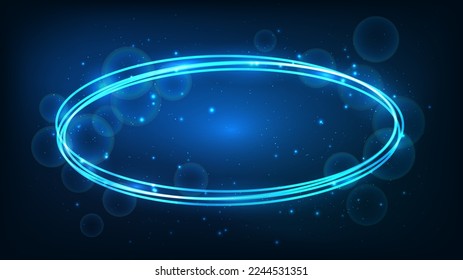 Neon oval frame with shining effects and sparkles on dark background. Empty glowing techno backdrop. Vector illustration