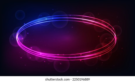 Neon oval frame with shining effects and sparkles on dark background. Empty glowing techno backdrop. Vector illustration