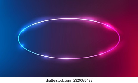 Marco óvalo neón con efectos brillantes sobre el fondo morado oscuro. Fondo tecno brillante vacío. Ilustración del vector