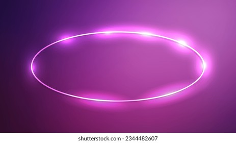 Neon oval frame with shining effects on dark purple background. Empty glowing techno backdrop. Vector illustration