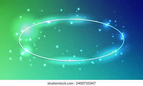 Neon oval frame with shining effects and sparkles on green background. Empty glowing techno backdrop. Vector illustration