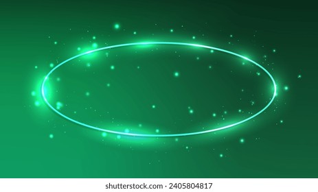 Neon oval frame with shining effects and sparkles on green background. Empty glowing techno backdrop. Vector illustration