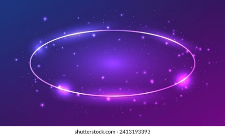 Neon oval frame with shining effects and sparkles on dark purple background. Empty glowing techno backdrop. Vector illustration