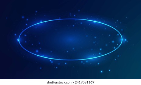 Neon oval frame with shining effects and sparkles on dark blue background. Empty glowing techno backdrop. Vector illustration