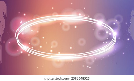 Neon oval frame with shining effects and sparkles on brown background. Empty glowing techno backdrop. Vector illustration