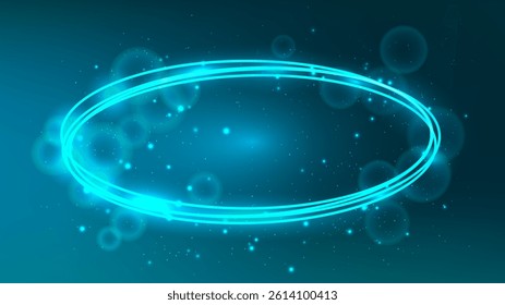 Neon oval frame with shining effects and sparkles on green background. Empty glowing techno backdrop. Vector illustration