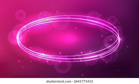 Neon oval frame with shining effects and sparkles on pink background. Empty glowing techno backdrop. Vector illustration