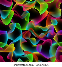 Neon Overlaping Shapes Seamless Pattern. Glow effect repeating background multicolor on black
