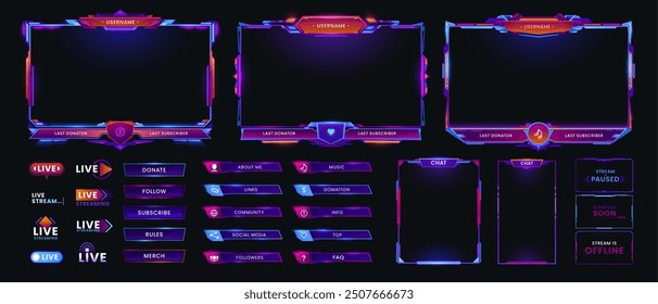 Neon-Overlay-Spielbildschirm und Panel-Interface-Rahmen, Vektor-GUI-Tasten und Steuerelemente. Online-Live-Stream-Spiel-Schnittstelle von Neon-Bars mit Gamernamen und UI-Informationen Zeichen, Chat und Menü-Optionen