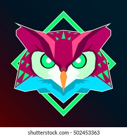 Neon Owl head in highlighted neon light green cube styled vector image icon poster