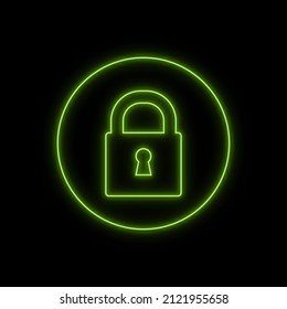 Neon padlock. Lock circle icon isolated on black.