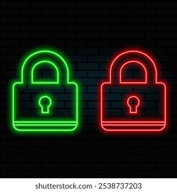 Neon padlock. Lock circle icon..