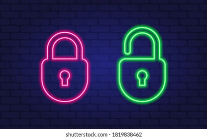 Neon Padlock. Lock Unlock. Concept Lock Neon Style On Dark Background. Vector Illustration