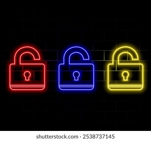 Neon padlock. Lock unlock. Concept lock neon style on dark background. Vector illustration. red color..