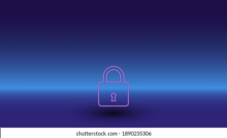 Neon padlock symbol on a gradient blue background. The isolated symbol is located in the bottom center. Gradient blue with light blue skyline