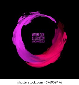 Neon paint abstract round. Glowing retro frame. Vintage fluorescent circle symbol. Burning a pointer to a black wall in a club, bar, cafe. Design element for sign, poster, banner. Vector illustration