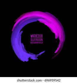 Neon paint abstract round. Glowing retro frame. Vintage fluorescent circle symbol. Burning a pointer to a black wall in a club, bar, cafe. Design element for sign, poster, banner. Vector illustration