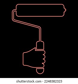 Neon paint roller in hand use tool arm red color vector illustration image flat style light