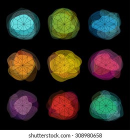 Neon paint spots. Snowflakes set. Winter abstract design elements. Graphic hexagonal shapes.