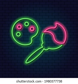 Neon Palette with Paints and Brush. Emblem for the Art School. Glowing Neon Linear Design Element against a dark background.