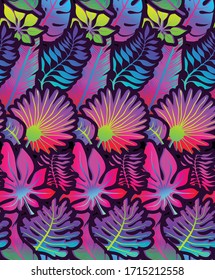 
Fondo de hojas de palma de neón. Textura perfecta con impresión multicolor. Fondo de elementos neones.