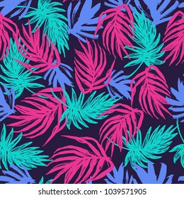 Neon Palm Leaves Print . Contemporary Seamless Pattern