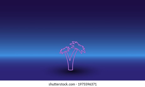 Neon palm trees symbol on a gradient blue background. The isolated symbol is located in the bottom center. Gradient blue with light blue skyline