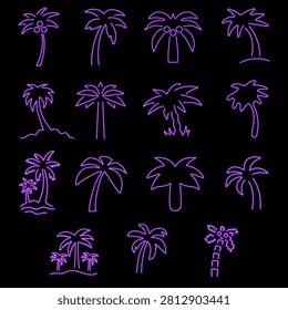 neon palm trees tropical vector icons set