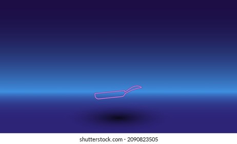 Neon pan symbol on a gradient blue background. The isolated symbol is located in the bottom center. Gradient blue with light blue skyline