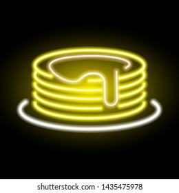 neon pancake icon watered with maple syrup on background