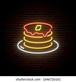 Neon Pancake Sign. American Pancakes With Maple Syrup. Cafe Neon Logo. Breakfast Vector Illustration.