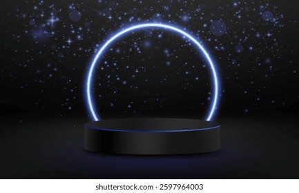 Neon panel with black podium equipped with shimmering highlights decorate your presentation design, ring, light effect, vector.