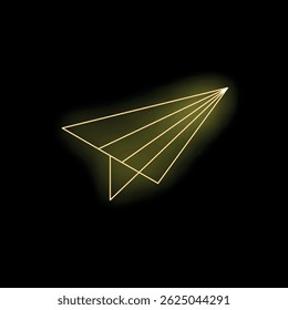 Neon paper airplane flying on black background, representing concepts such as travel, message, communication, and freedom