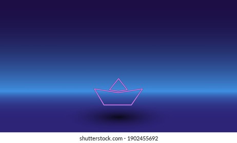 Neon paper boat symbol on a gradient blue background. The isolated symbol is located in the bottom center. Gradient blue with light blue skyline