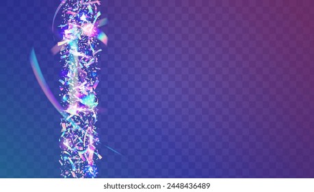 Neon Paper. Laser Birthday Cristals. Iridescent Serpentine. Modern Poster. Festive Sparkle. Falling Design. Glare Concept. Blue Light Background. Pink Neon Paper