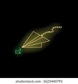 Neon paper plane flying on a black background, leaving a dotted trail, with a green arrow pointing at it, symbolizing direction and guidance