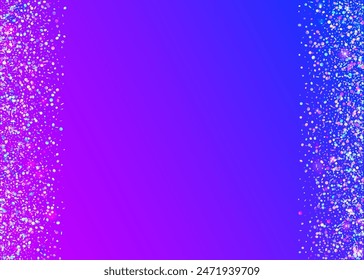 Neon Paper. Transparent Sparkle. Falling Poster. Holographic Effect. Purple Light Background. Cristal Dust. Glare Pattern. 3d Isolated Cristals. Pink Neon Paper