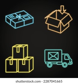 Neon parcels and delivery boxes icon set. Mail delivery package and truck. Vector illustration.