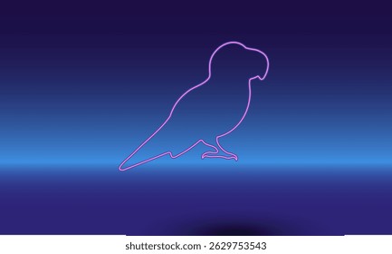Neon parrot symbol on a gradient blue background. The isolated symbol is located in the bottom center. Gradient blue with light blue skyline