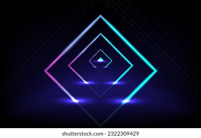 Neon particles tunnel. Empty stage for product replacement with futuristic rectangle neon light background. Abstract technology.Elements Isolated vector illustration. and graphic technology  Science 