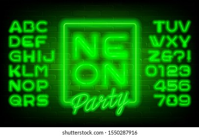 Neon Party alphabet font. Green neon light letters and numbers on brick wall background. Stock vector typescript for your typography design.