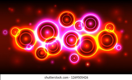 Neon party background, abstract multicolor background with bright circles