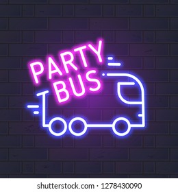 Neon Party Bus Vector Neon Sign With Wall. Light Symbol Design. 