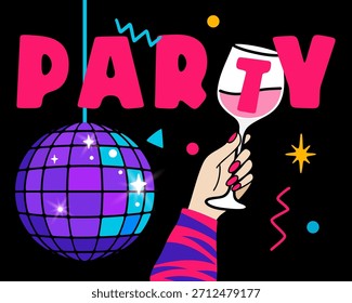 Neon party composition with disco ball, wine glass, lips, stars, sparkles, confetti and vibrant club elements on dark background in fun bright nightlife celebration style. Vector illustration.