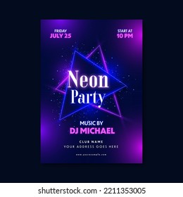 Neon Party Flyer Or Template Design With Shiny Triangle Frames And Event Details On Blue And Purple Stripe Background.
