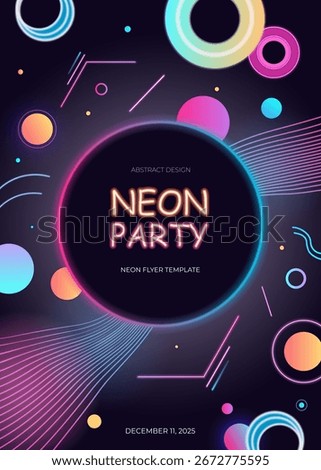 Neon party glowing template with geometric elements. Futuristic abstract design for flyer, banner, poster in dark theme.